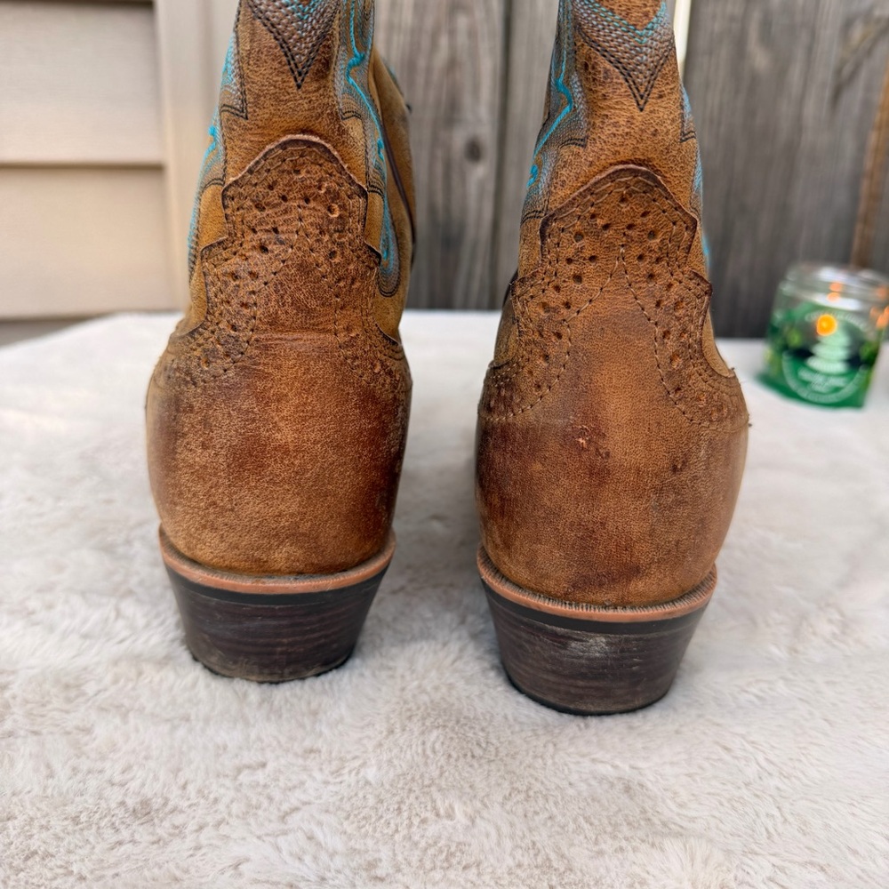 Justin Sevana Tan Western Cowboy Turquoise Brown Leather Boots Size 8.5 - Picture 4 of 11
